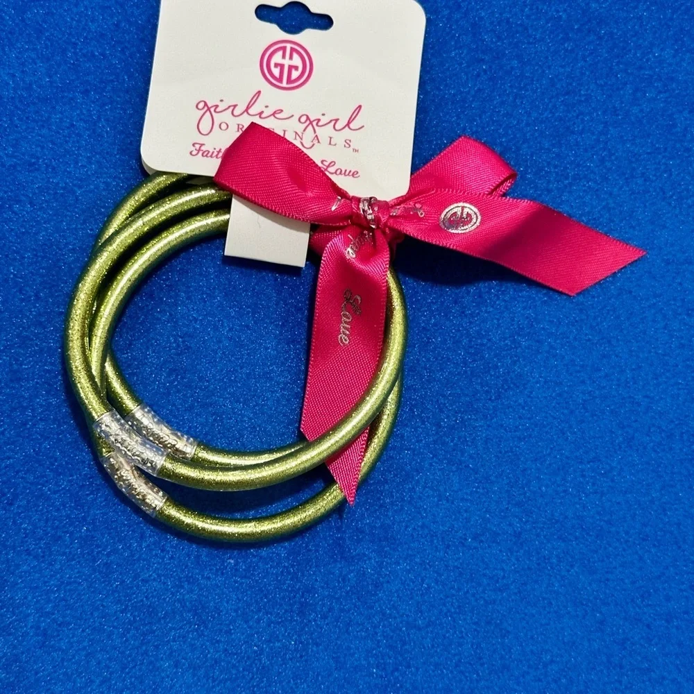 Girlie Girl Originals. 3 Glittery Green Bracelets with Pink Ribbon. (NWT)